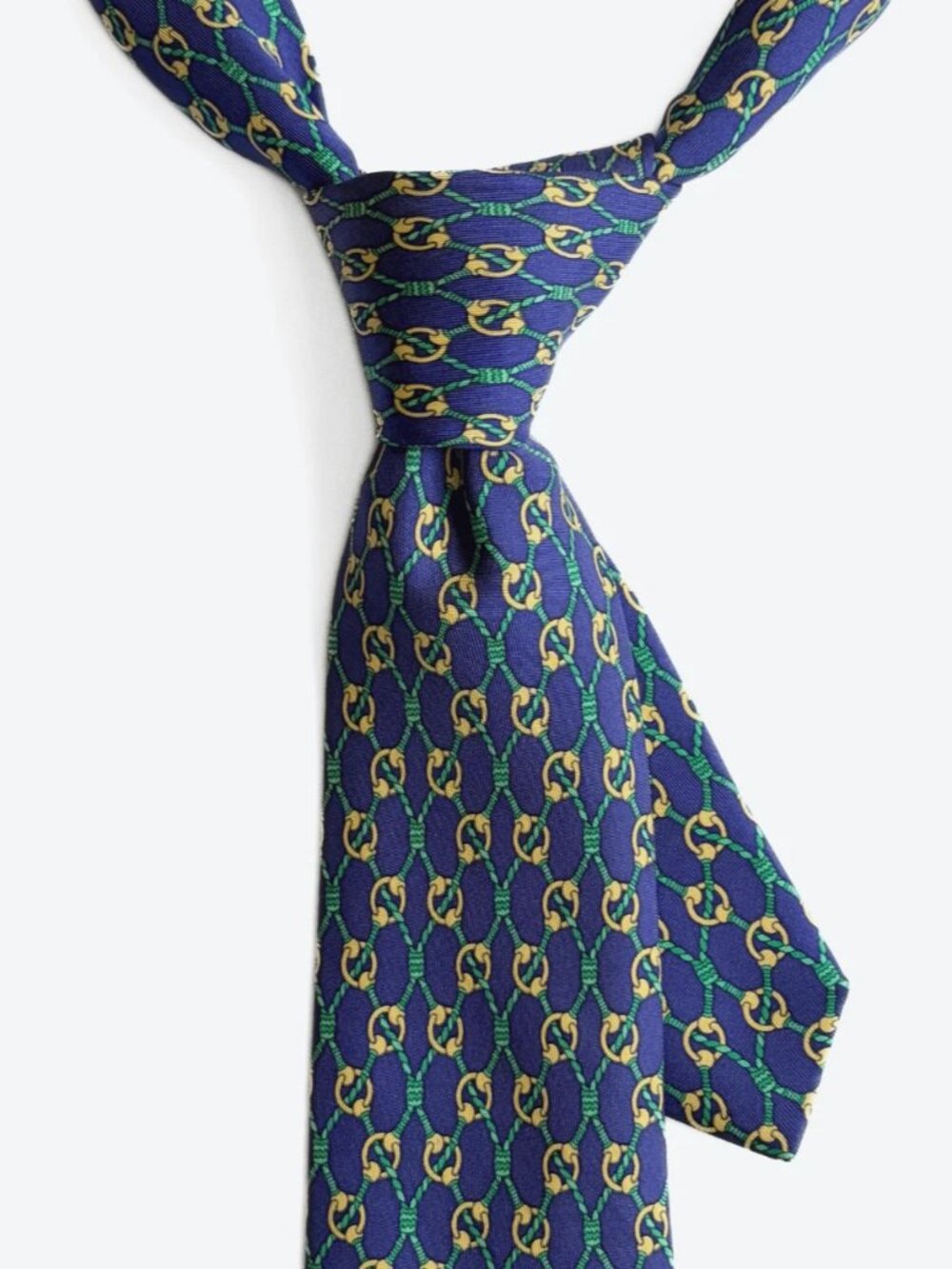 Hermes Silk Equestrian Tie Navy Green Gold Print Silk 691OA Made in France 3.5"